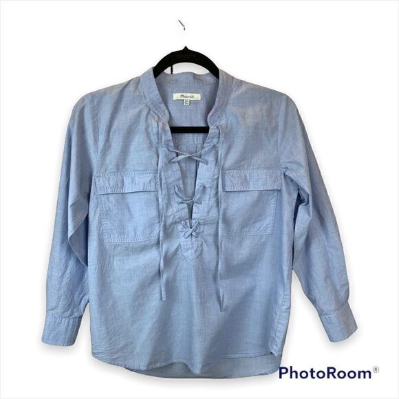 MADEWELL Lace up Shirt in Blue, size XXS - EUC - Picture 3 of 11